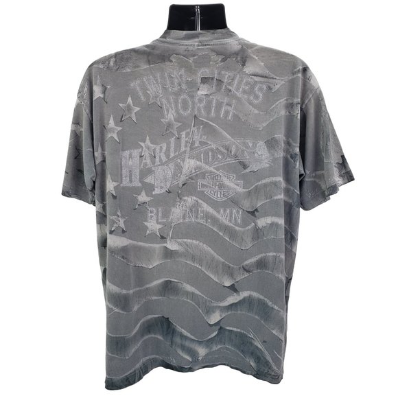 Harley Davidson T-Shirt Men's Large Vintage 90s USA Flag AOP Gray Single Stitch - Picture 4 of 12